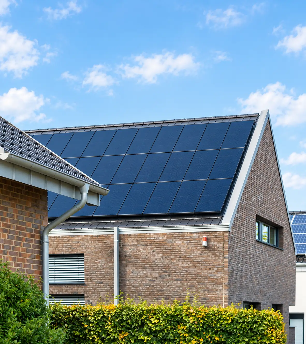 Klinkerhaus mit Photovoltaikanlage auf dem Dach, Dachrinne, Fenster und Außenjalousien