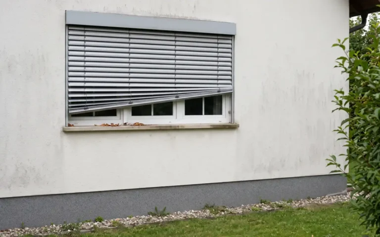 Außenjalousie an einem Erdgeschossfenster hängt schief, die Unterschiene links deutlich tiefer als rechts