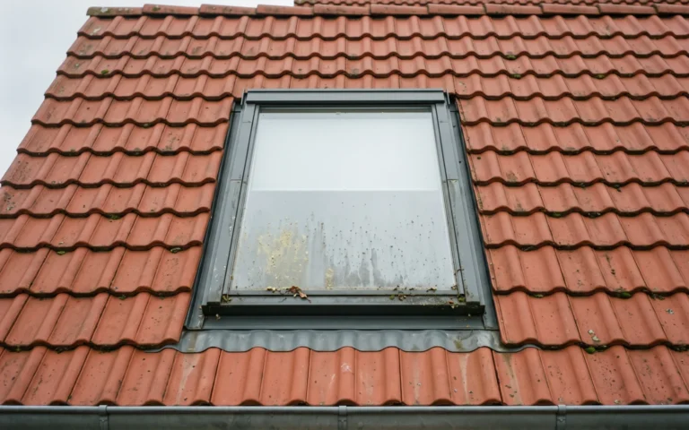 Geschlossenes Dachfenster im roten Ziegeldach, die untere Hälfte der Scheibe mit Pollen, Staub und Regenflecken verschmutzt, darunter die Dachrinne