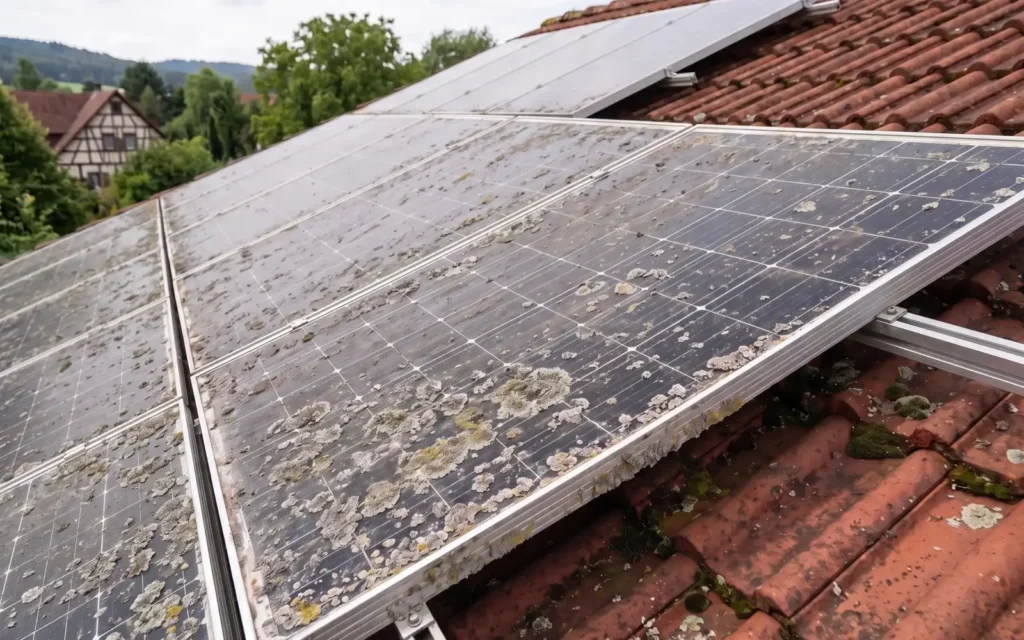 Graue und gelbgrüne Flechten auf Solarmodulen einer Aufdachanlage, am dichtesten an der unteren Modulkante, darunter rote Dachziegel mit Moos