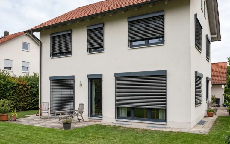 Gartenseite eines Einfamilienhauses mit mehreren anthrazitfarbenen Außenjalousien im Erdgeschoss und Obergeschoss