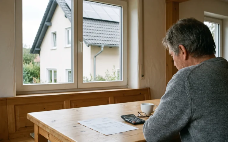 Person sitzt am Holztisch mit Rechnung, Taschenrechner und Brille, durch das Fenster ein Einfamilienhaus mit Solaranlage