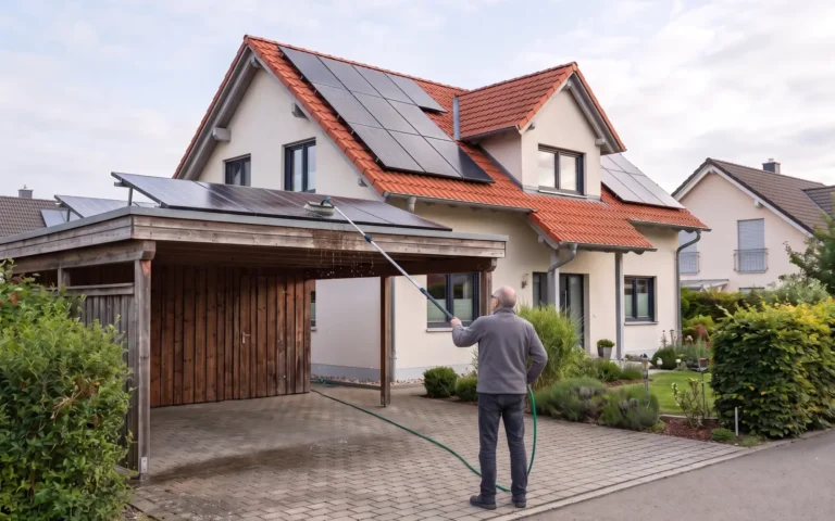 Mann reinigt vom Boden aus mit einer Bürste an einer wasserführenden Teleskopstange die Solarmodule auf seinem Carport, im Hintergrund das Einfamilienhaus mit Solaranlage auf dem Dach