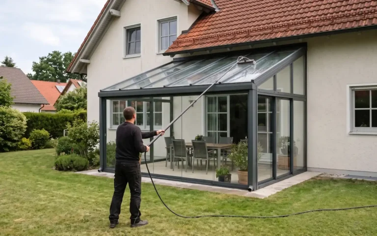 Reiniger steht auf dem Rasen und reinigt das Glasdach eines Wintergartens mit einer wasserführenden Teleskopstange und Bürste